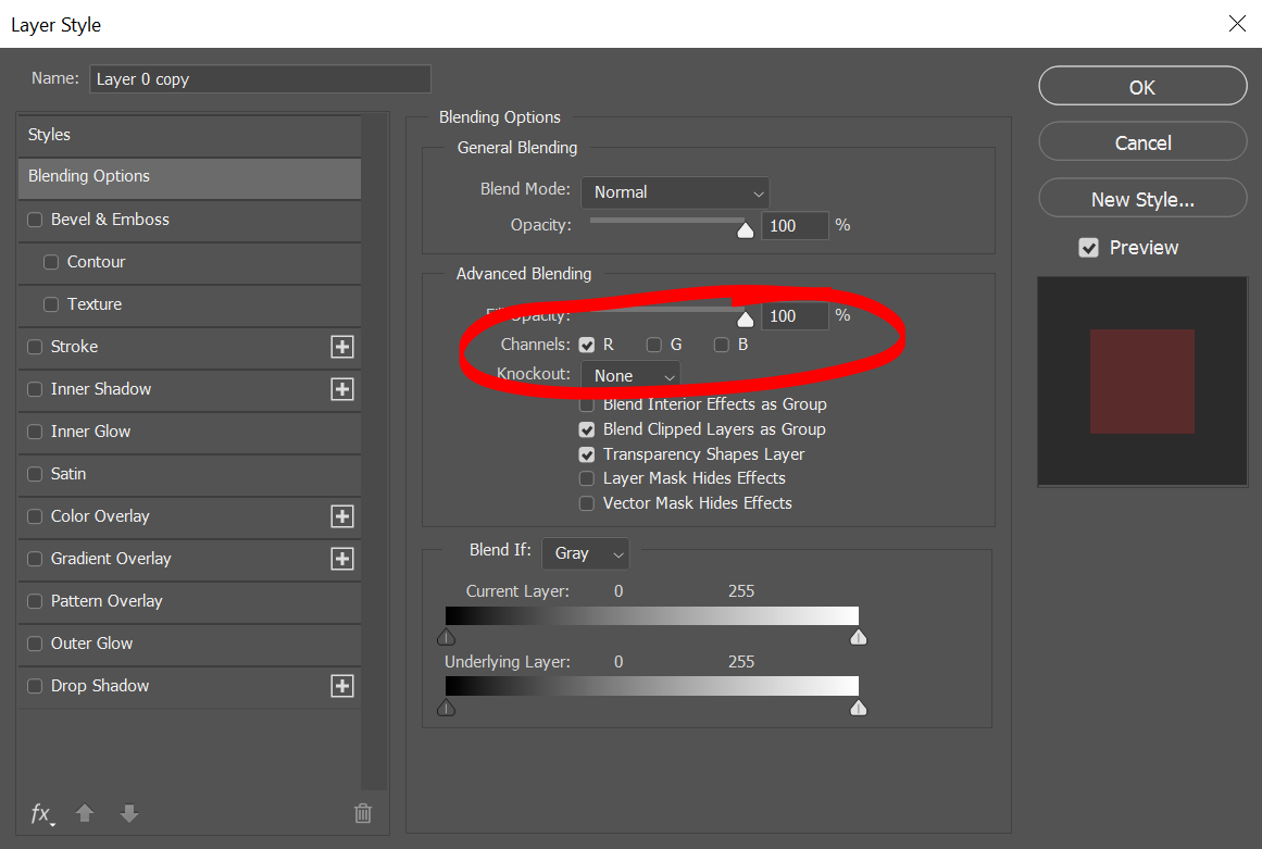 Layer style menu in photoshop with a red circle around the "channels" option for R G B.