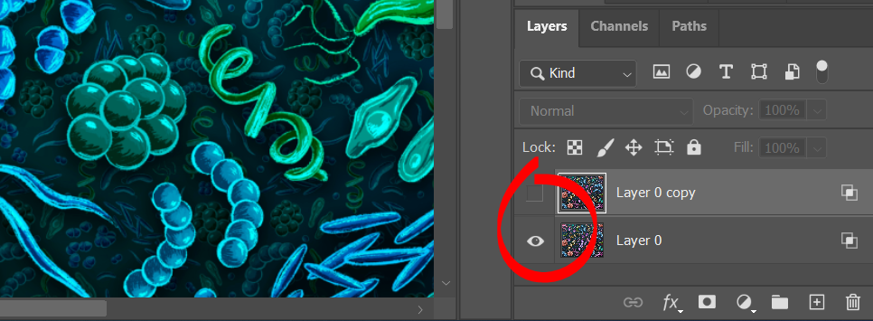 A close up of the layers panel with red circle around the bottom layer