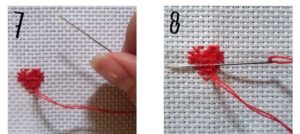 Step 7-8 of how to finish a cross stitch heart.