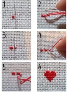 Steps 1-6 of how to create a cross stitch heart.