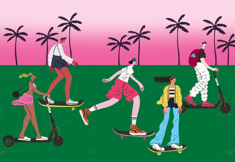illustration of three skateboarders on a green and pink background