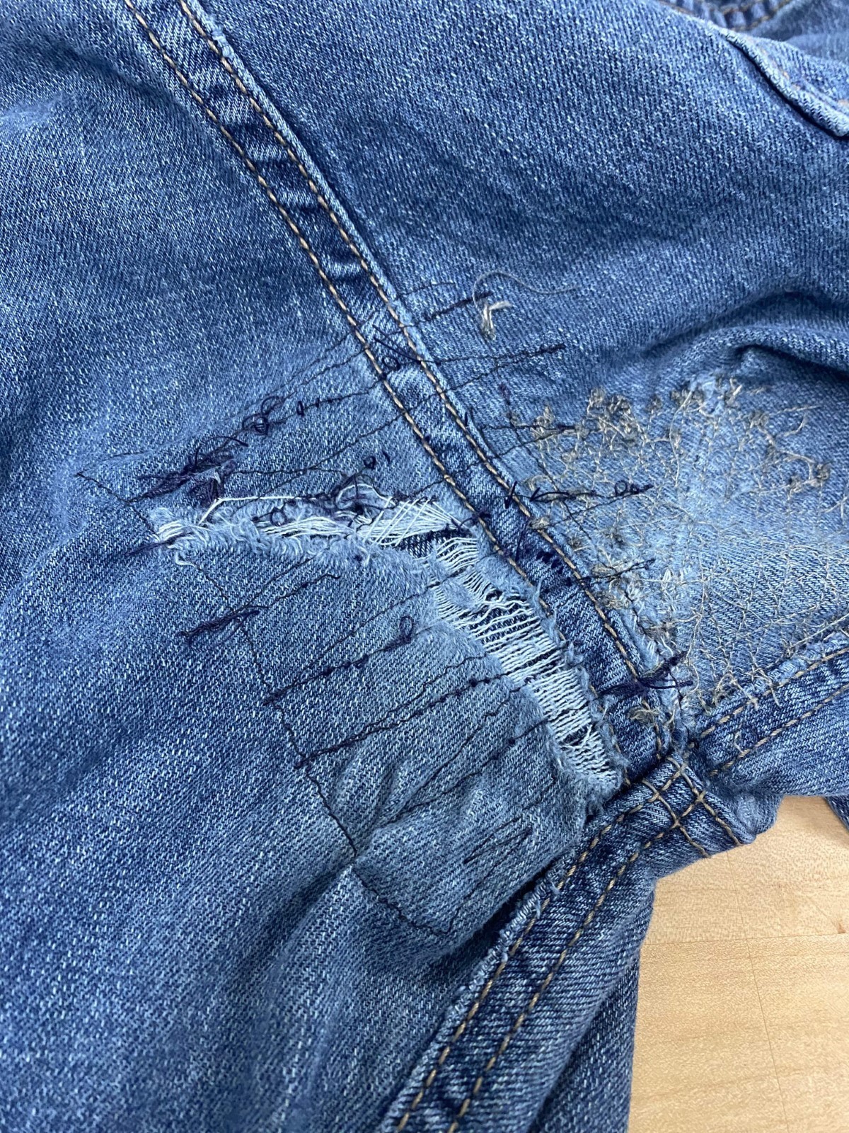 Exterior of jeans with seams across