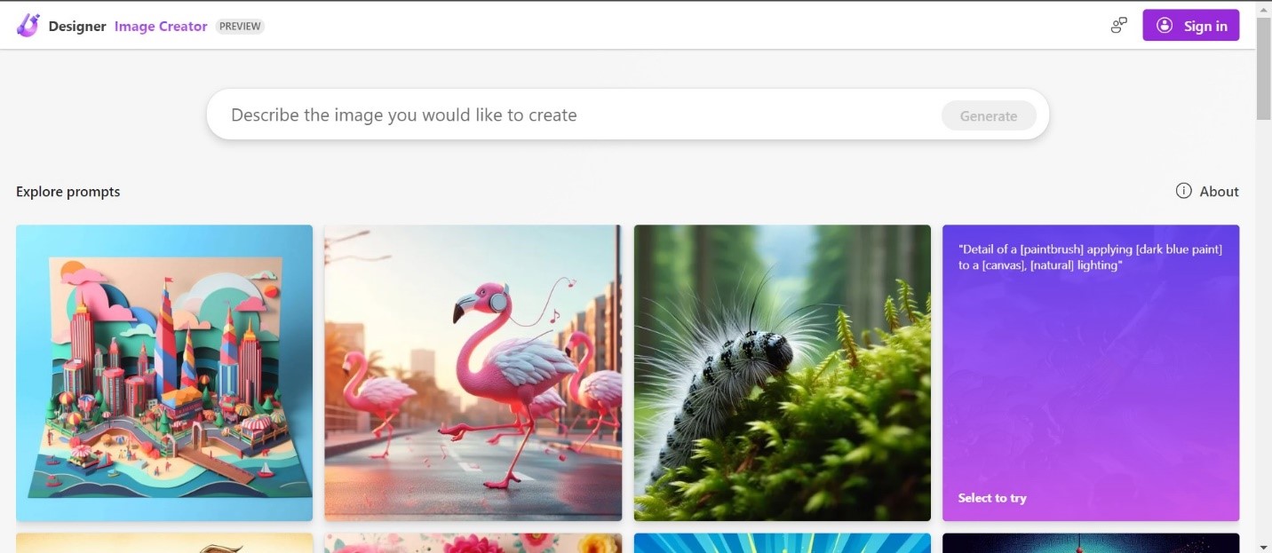 A view of the search page on Image Creator A.I.