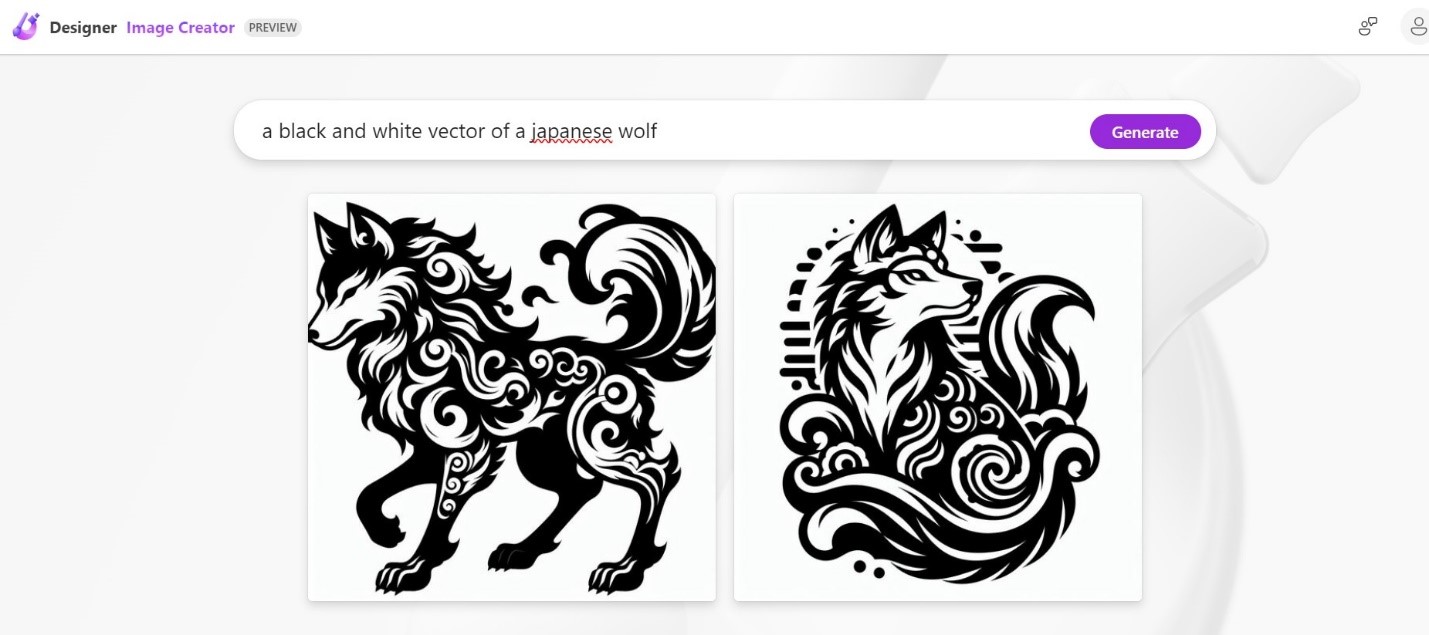 Two images of a blacka nd white vector of a Japanese wolf in the Image Creator A.I.