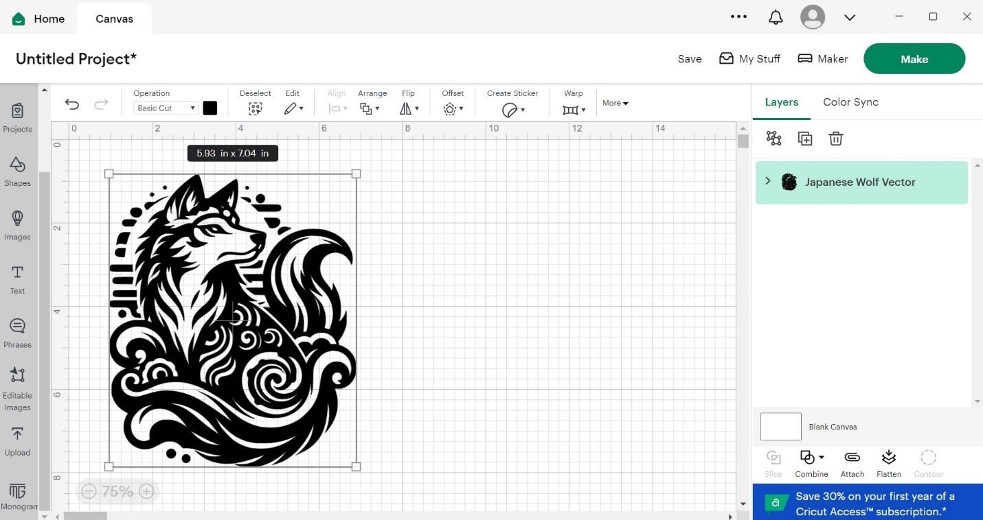 The selected wolf with swirls vector loaded into Cricut Design Space.