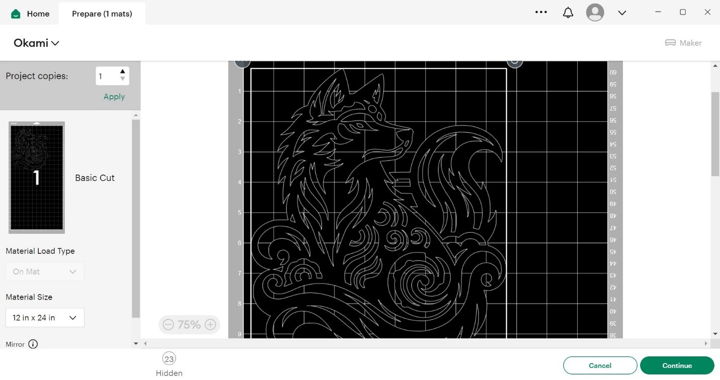 The Make It page of Cricut Design space with the wolf design ready to be cut.