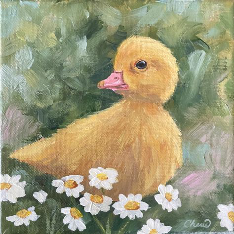 A painting of a duckling standing among yellow and white flowers.