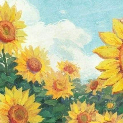 A painting of sunflowers in a field.
