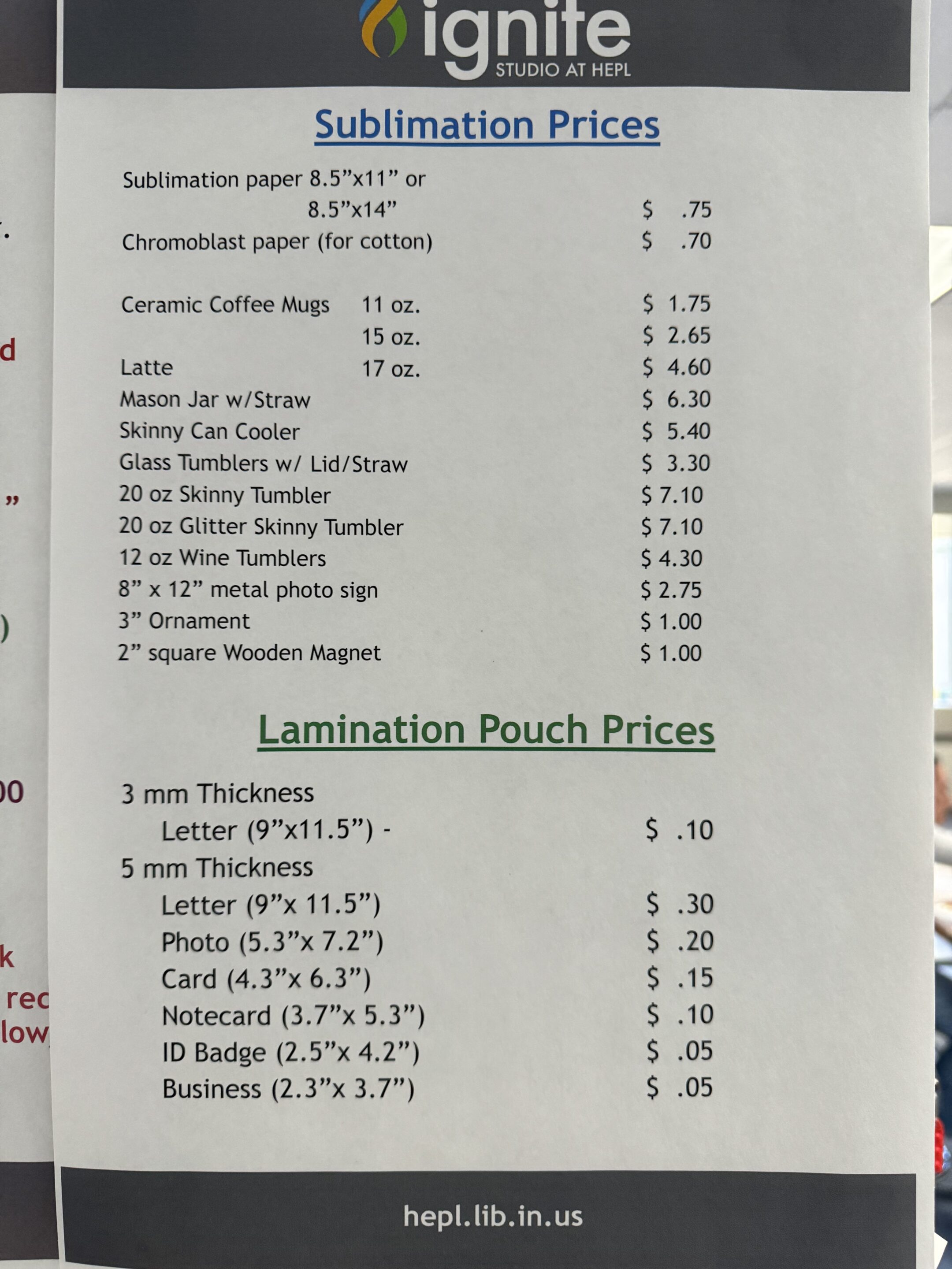 A listing of sublimation material prices in Ignite studio.
