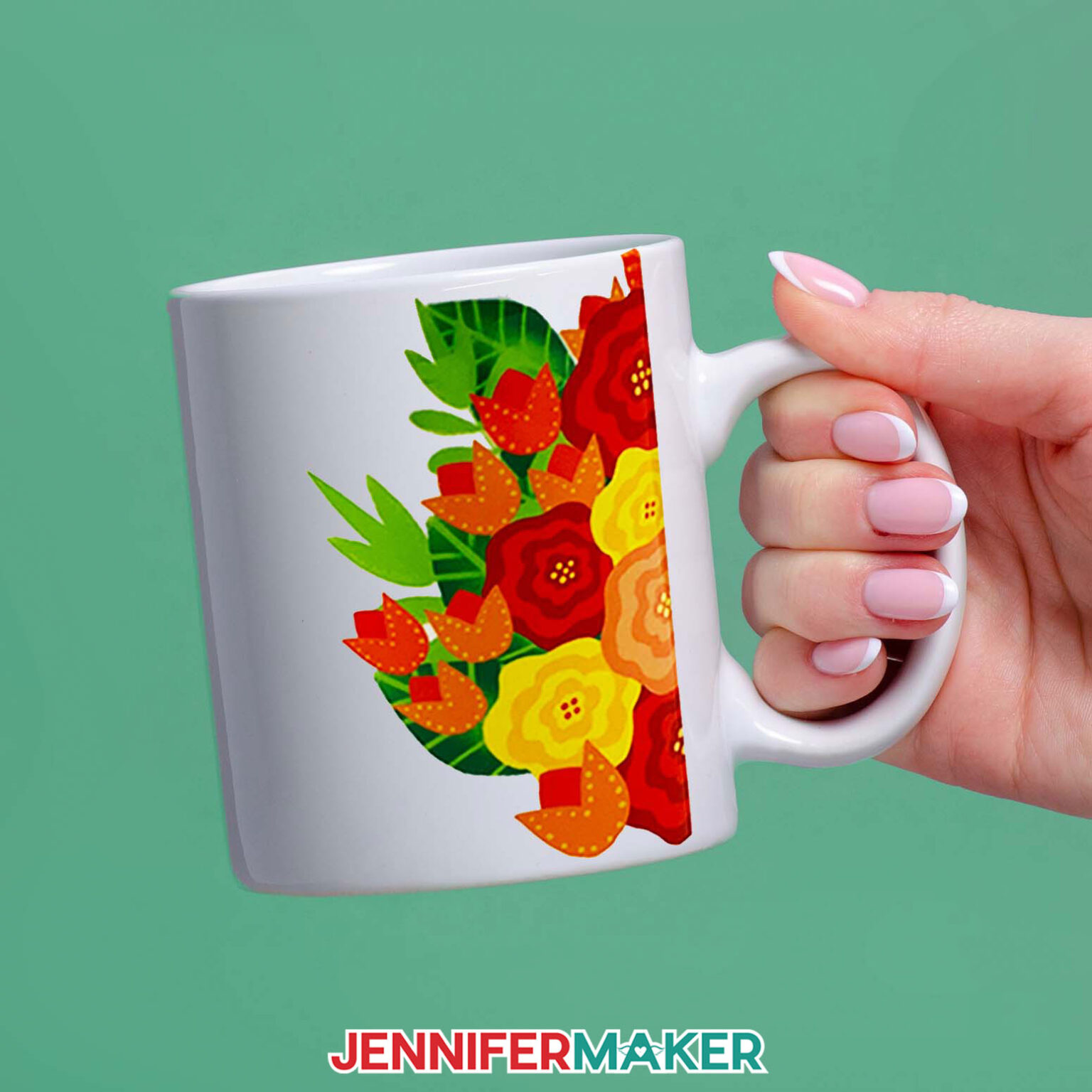 A white mug with a floral design that has been sublimated.