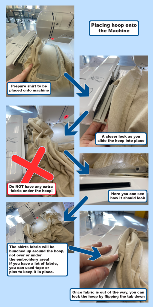 A visual step by step guide to attaching the hoop to the embroidery machine