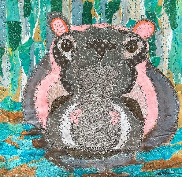 A collage of a hippo with a green background