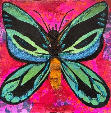 A collage of a green, blue, and black butterfly on pink background