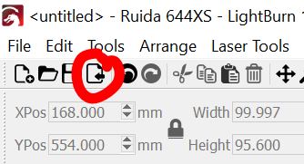 A view of the file import button in Lightburn.