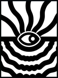 A black and white abstract design that has wavy lines horizontally in the bottom half and vertical wavy lines on the top half. 