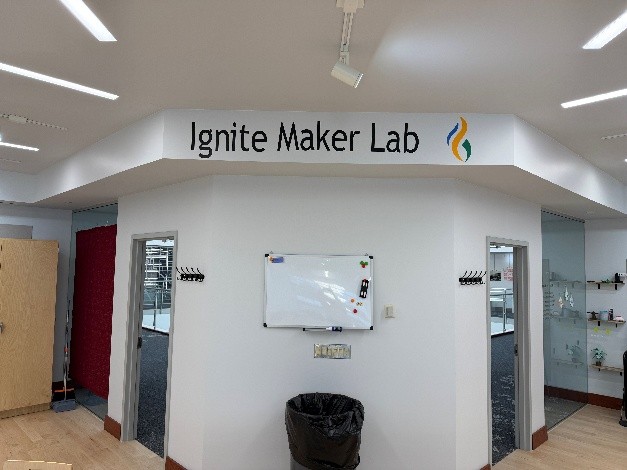 View of interior wall reading "Ignite Maker Lab"
