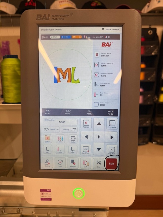 Touch screen showing embroidery mode.