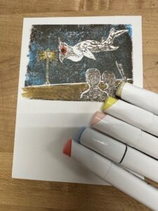 Example of alcohol markers on top of linocut print 