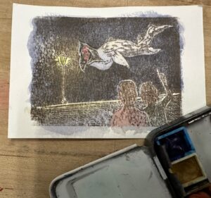 Example of watercolor paints on top of linocut print 