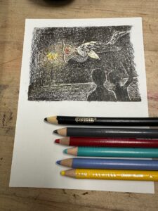 Example of colored pencils on top of linocut print 