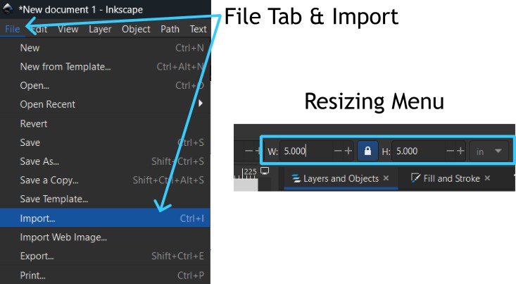 A screenshot with arrows pointing to the File Import (Left) and Resizing menu (Right) in Inkscape. 