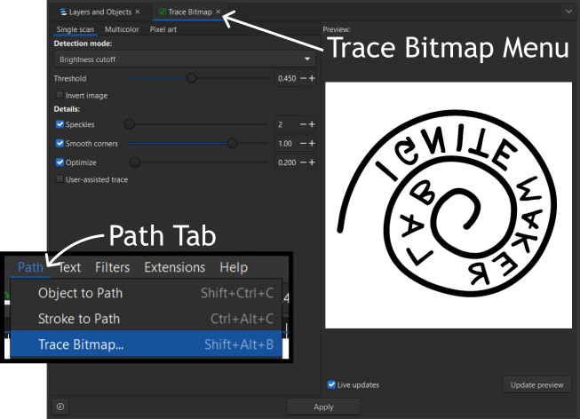 A screenshot with arrows pointing to the Path tab (Left) and the Trace Bitmap menus.