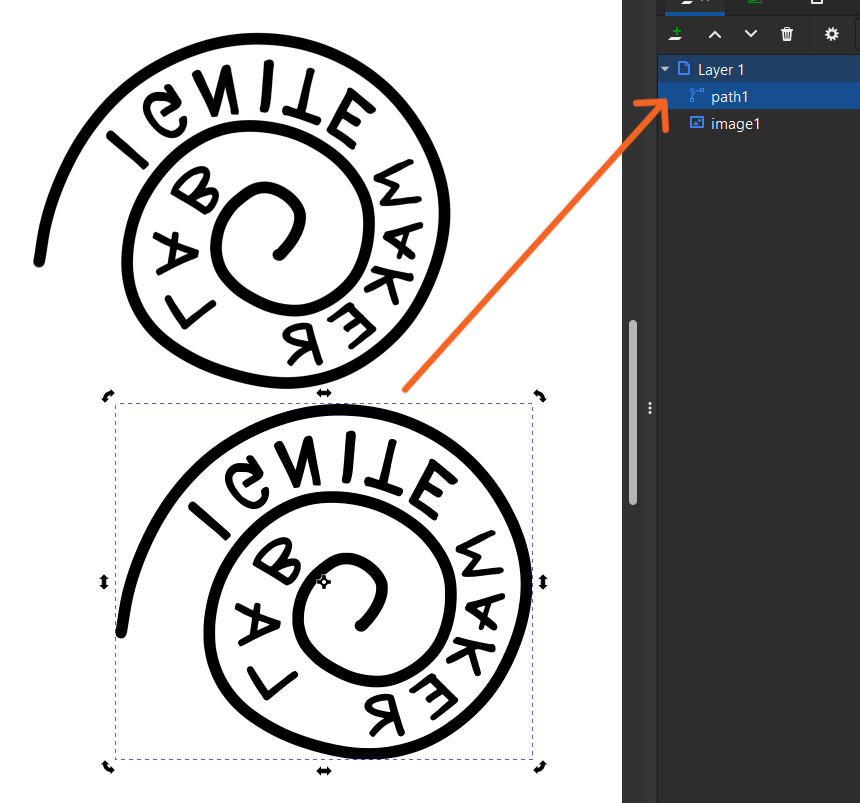 A screenshot showing the layers tab and arrows pointing to the bitmap and image files on separate layers. 