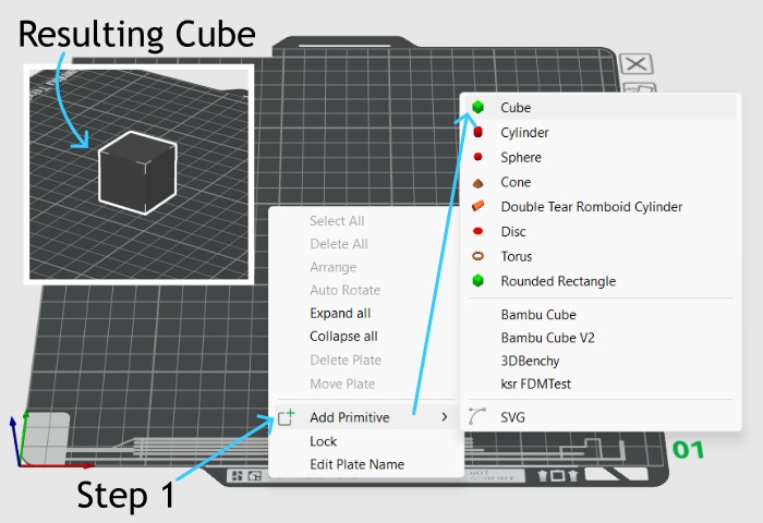 A screenshot showing the Right-click menu with “Add Primitive” -> “Cube”. 