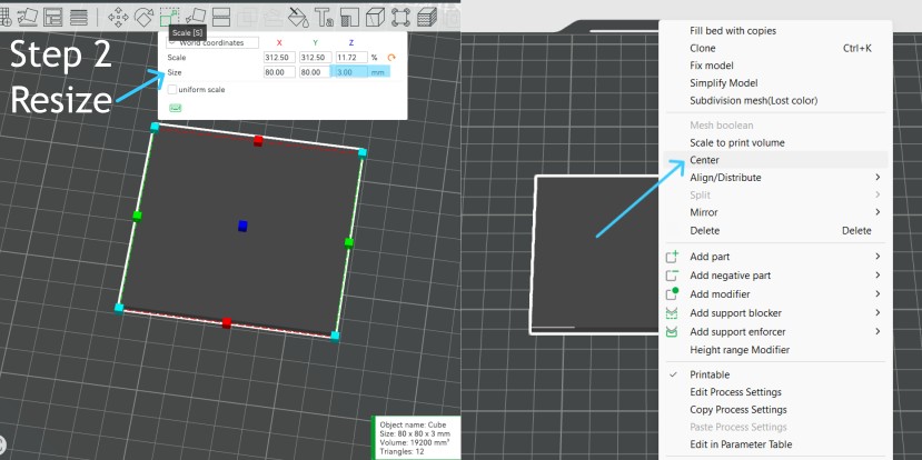 Screenshot with arrows pointing to the Scale Tool with correct Z Height highlighted (Left). Right-click menu with “Center” selected (Right). 