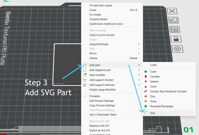 Screenshot showing the right-click menu with “Add part” and “SVG” selected. 