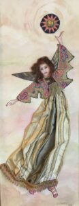Artwork depicting a woman in a dress with wings reaching towards a sun