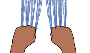 View of threads held in hands and knotted/rumpled.