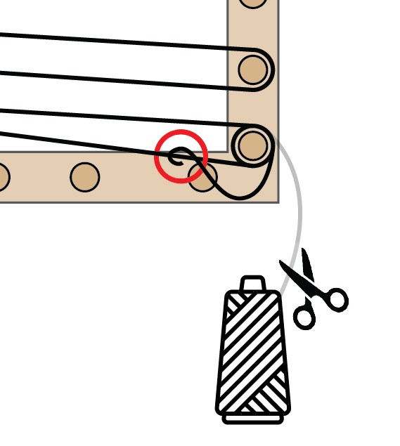 Spool of yarn being cut and a knot tied at the bottom right of the warping board.