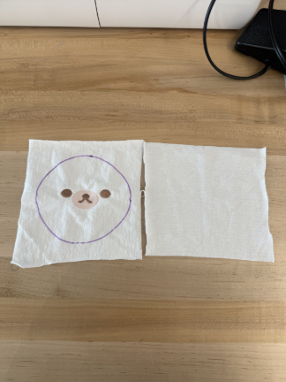 Embroidered face on square of white fabric and plain white square of fabric.