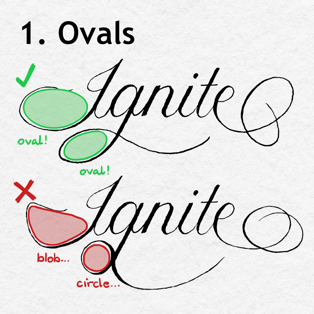 Graphic depicting two calligraphy examples, the correct one with balanced oval flourishes, and a wrong one with blobby or circular flourishes.