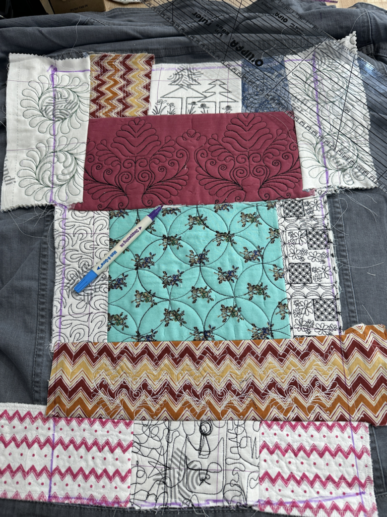 Close up of quilted panels on back of jean jacket.